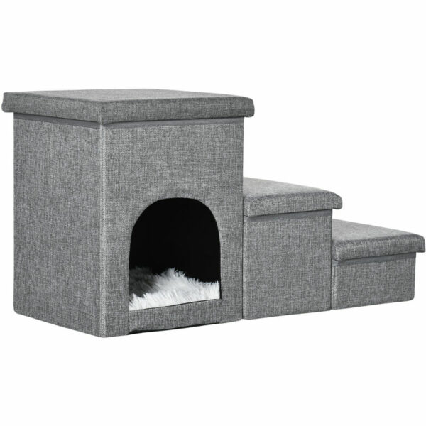 3 Step Dog Steps for Bed w/ Cat House Storage Boxes for Sofa Grey - Light Grey - Pawhut