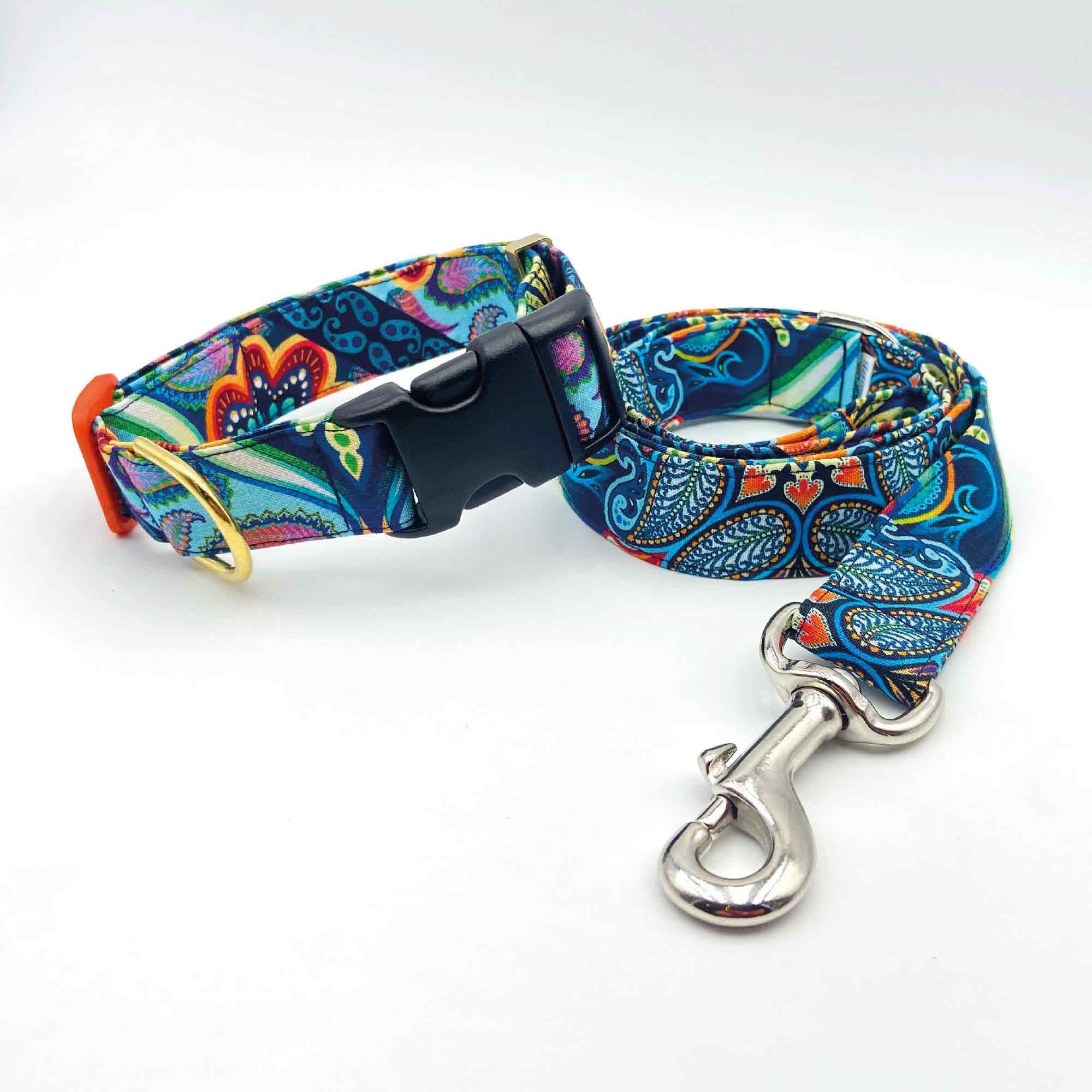 Blooming Paisley 2cm Width Dog Collar & Lead Set | 100% Cotton Curved Buckle Nickle Plate On Solid Brass D-Ring Durable Adjustable