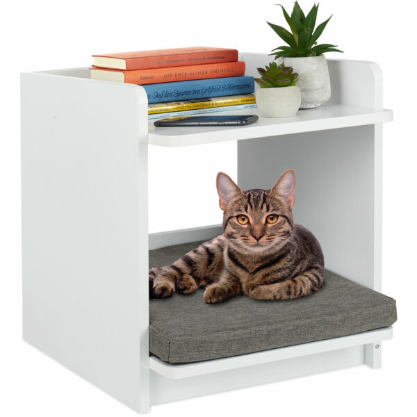 Relaxdays Side or End Table with Pet Bed, Cats & Small Dogs, HxWxD: 45 x 40 x 44.5 cm, Companion Shelter Cushion, White