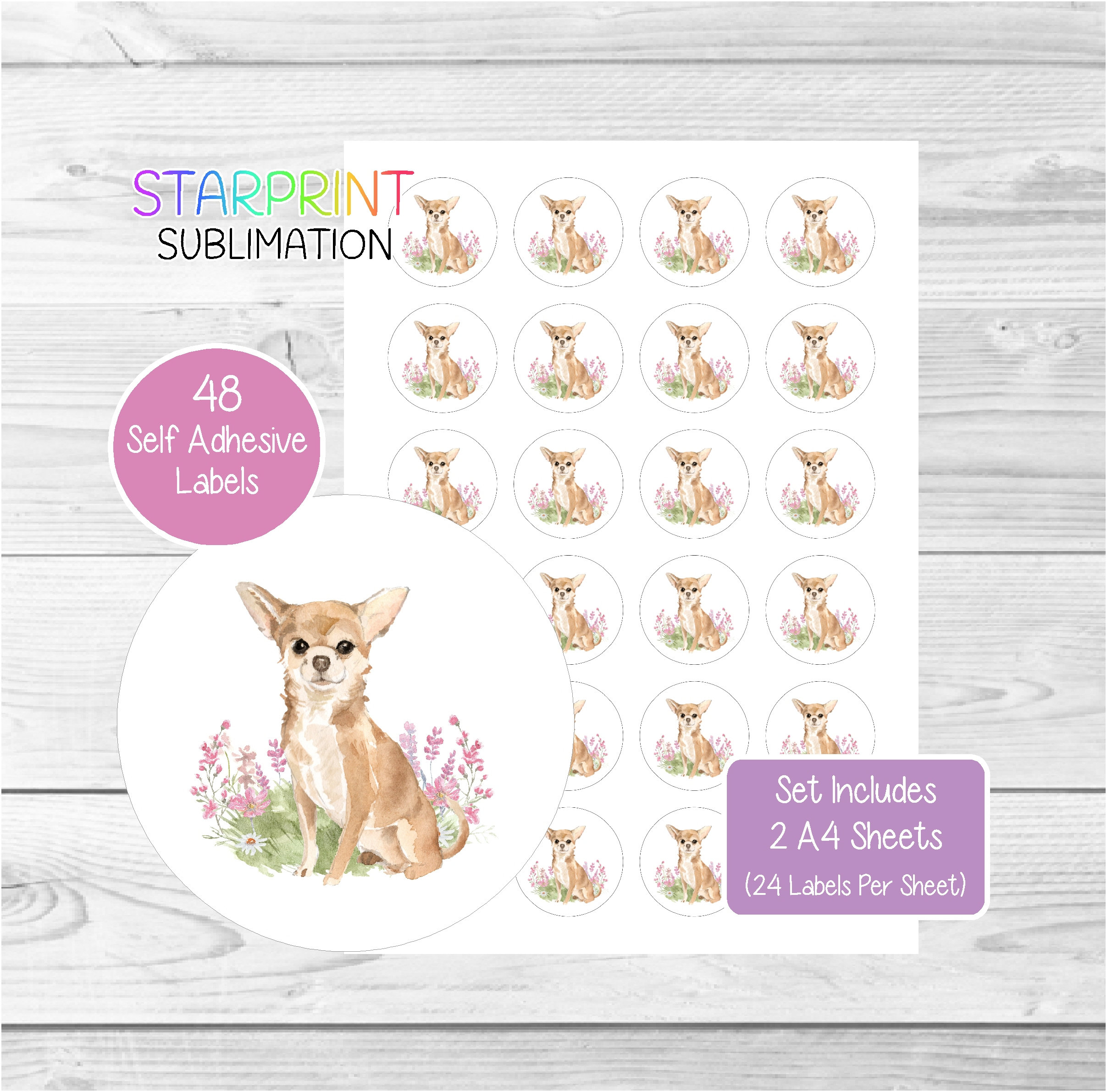 Chihuahua | Smooth Coat Dog Stickers, 48 Round Labels | 2 A4 Sheets, 24 Per Sheet, Great For Envelope Seals/Party Bags/Favors/Cards/Gifts