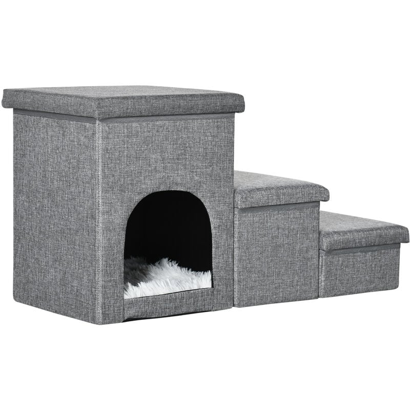 3 Step Dog Steps for Bed w/ Cat House Storage Boxes for Sofa Grey - Pawhut