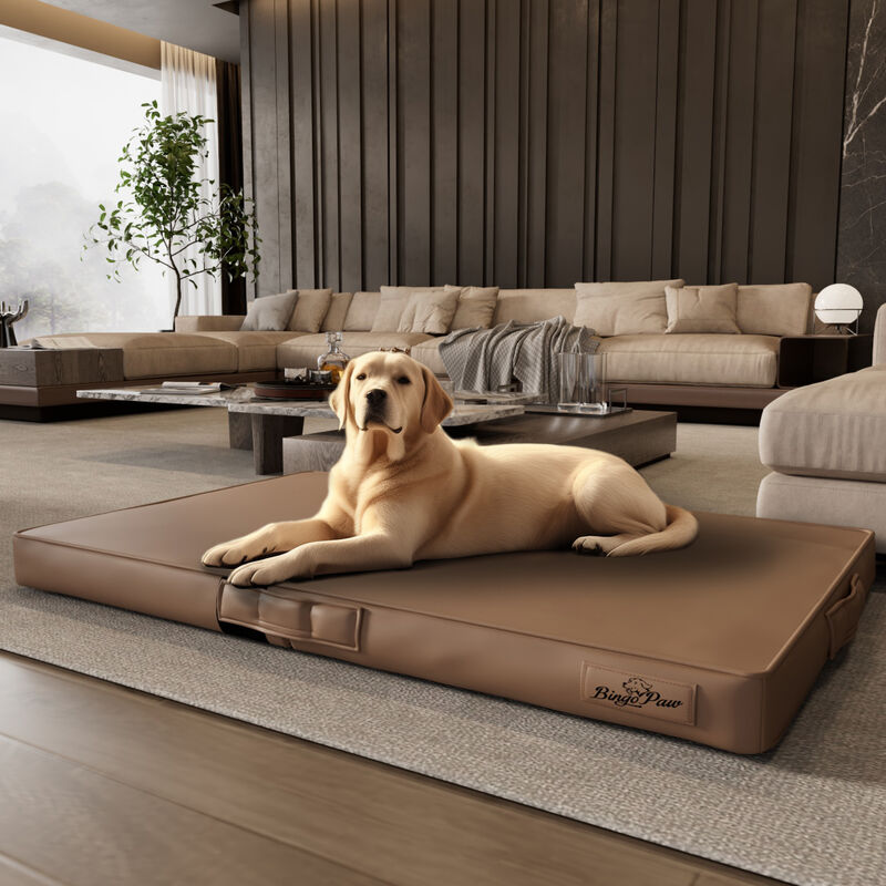 BingoPaw Large Dog Bed Deluxe 3D pu Leather Pet Cushion Car Cage Crate Platfoam Mattress, Brown 96.5x70.5x9cm