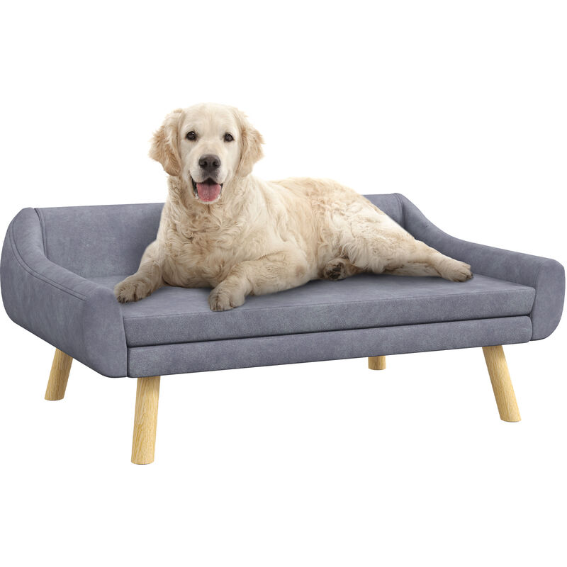 Dog Sofa Bed Raised Couch with Wooden Frame and Soft Cushion Grey - Pawhut