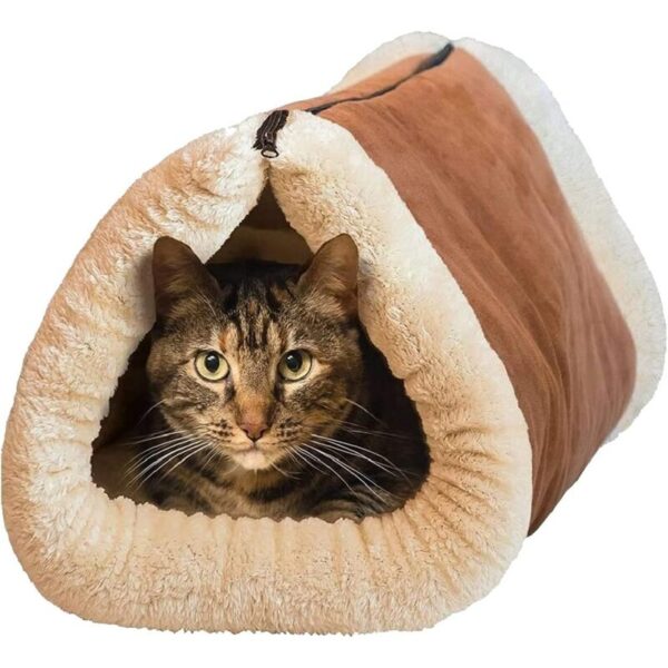 2 in 1 Tube Bed and Cat Mat with Self-Warming Thermal Core Soft Cozy Fur-Free Pet Tunnel, Portable Warm House for Puppies, Small Dogs