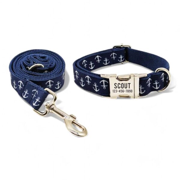 Anchor Dog Collar & Leash Set - Sailors Navy Blue Matching Lead Sailing Boat With Anchors Boy