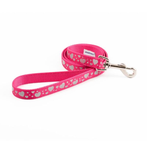Ancol Dog Leads Fashion Indulgence Pink Reflective Hearts 1m x 19mm