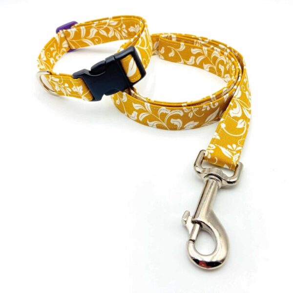 Antique Fleur 2cm Width Fabric Dog Collar & Lead Set | Cotton Curved Buckle Nickle Plate D-Ring Durable Flexible Yellow