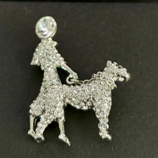 Art Deco Diamante Style Lady With French Dog On Lead Brooch Pin
