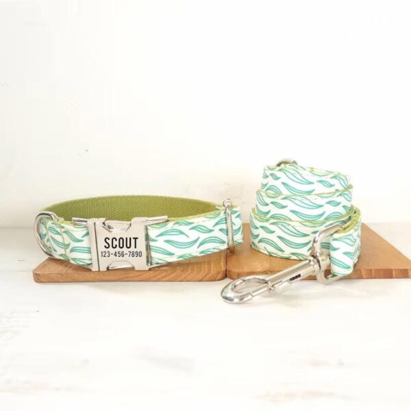 Bamboo Leaves Personalized Dog Collar & Leash - Engraved Tree Lead Green Leaf Customised Bow Tie