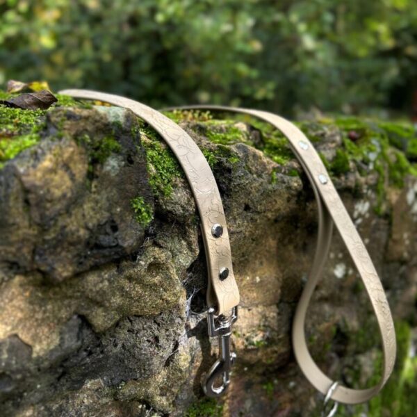 Beige Waterproof Dog Lead | Foliage/Floral Embossed Personalised Biothane