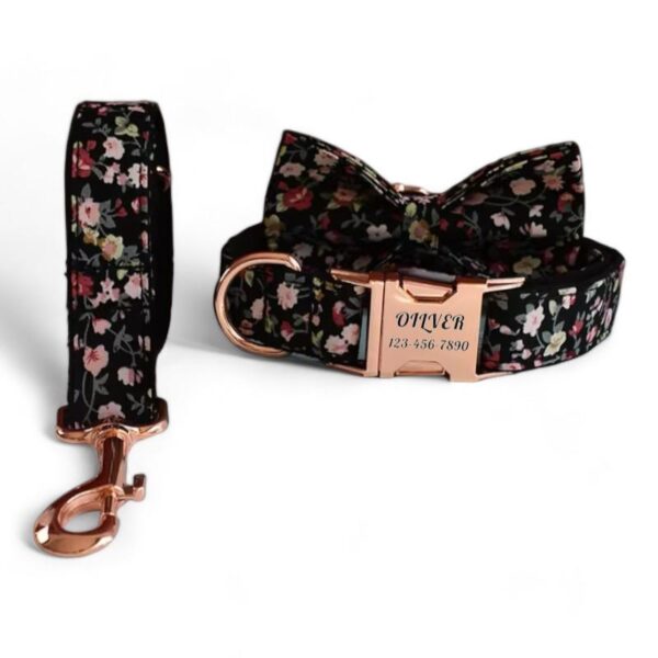Black Floral Personalized Dog Collar & Leash - Roses Engraved Girl & Lead White Flowers On With Bow Tie