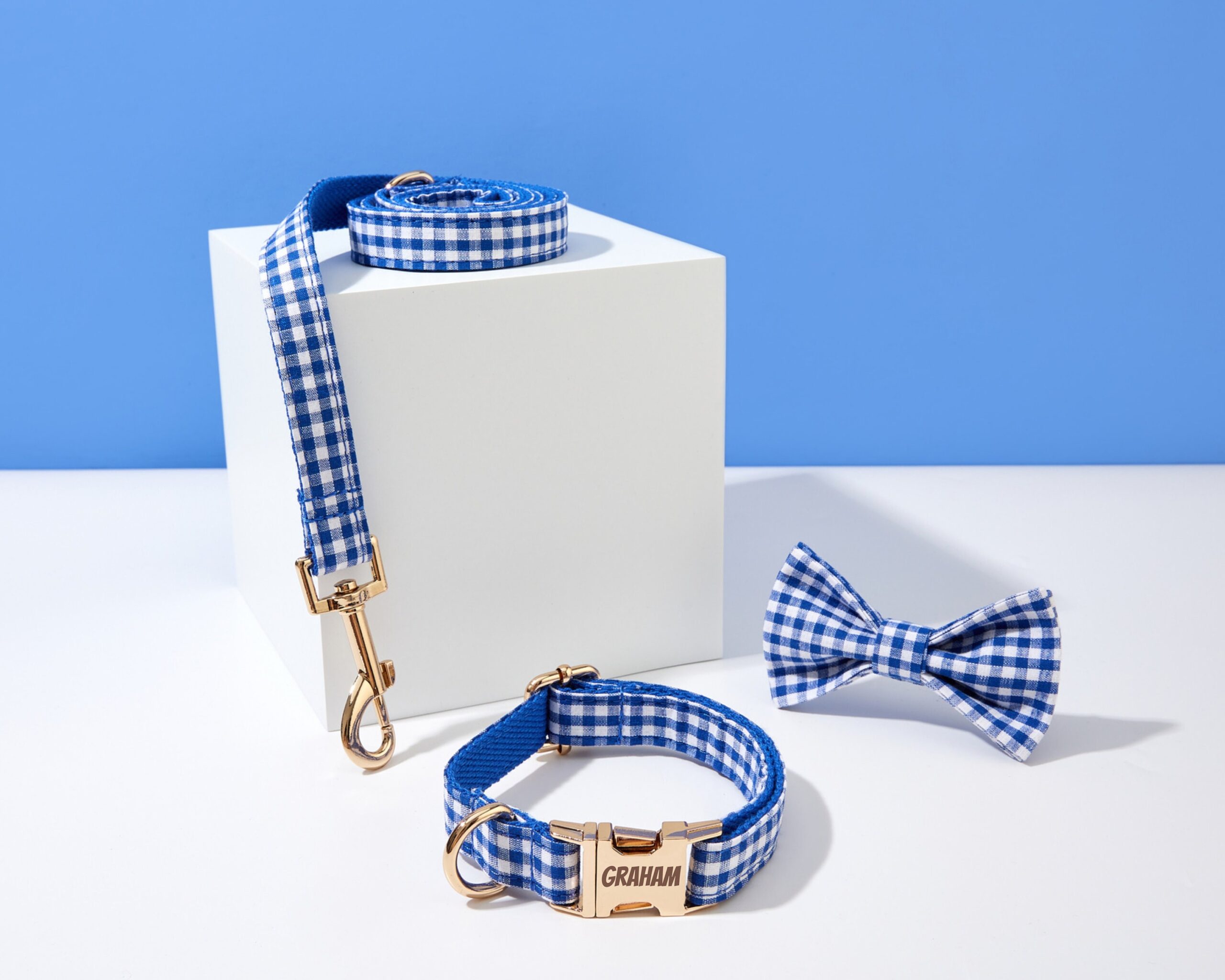 Blue Check Personalized Dog Collar Bow Tie, For Boy Dog, Wedding Collar, Puppy & Lead Bow, UK Free Shipping