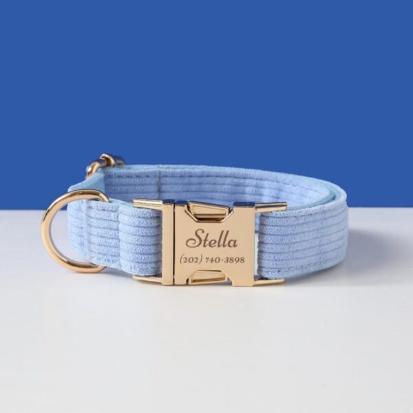 Blue Corduroy Dog Collar Set, Personalised With Name, Custom Boy Puppy & Lead For Girl