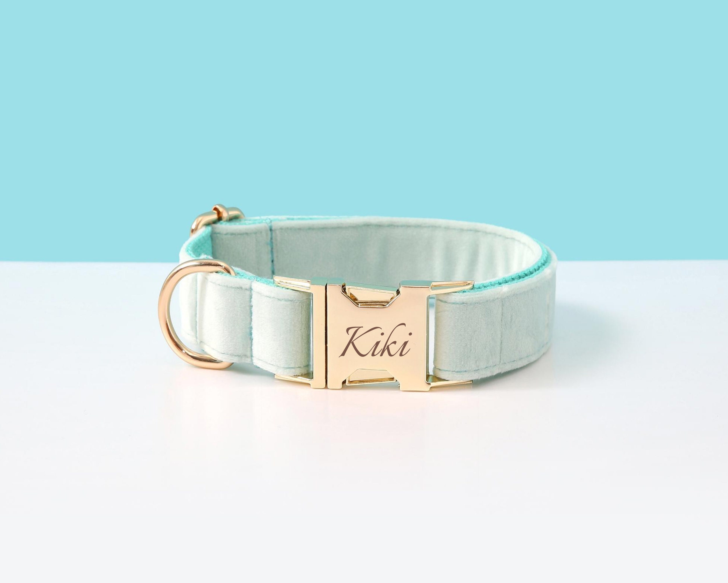 Blue Customized Dog Collar Set, Velvet Personalised With Name, Custom Boy Puppy & Lead For Girl