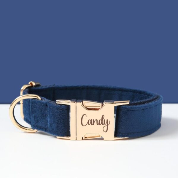 Blue Dog Collar & Leash Bow Gift, Velvet Personalised Designer Collar, Custom Boy Puppy Lead For Girl