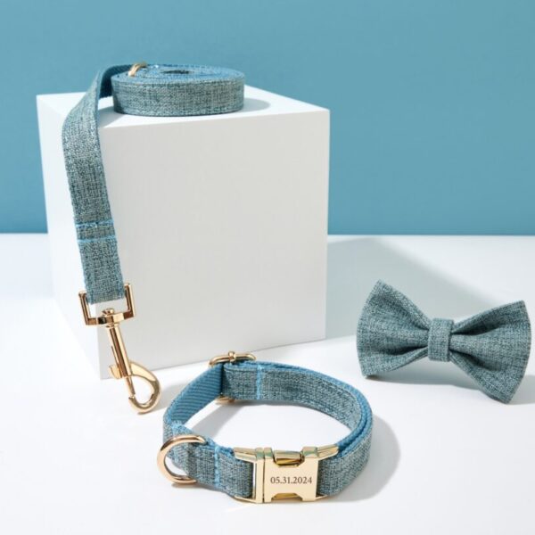 Blue Twisted Woven Personalized Dog Collar Bow Tie Set, For Boy Dog, Wedding Collar, Puppy & Lead Bow, Lover Gift