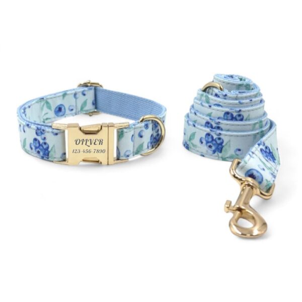 Blueberries Personazlied Dog Collar & Leash - Engraved Lead Blueberry Customised & Bow Tie Fruity