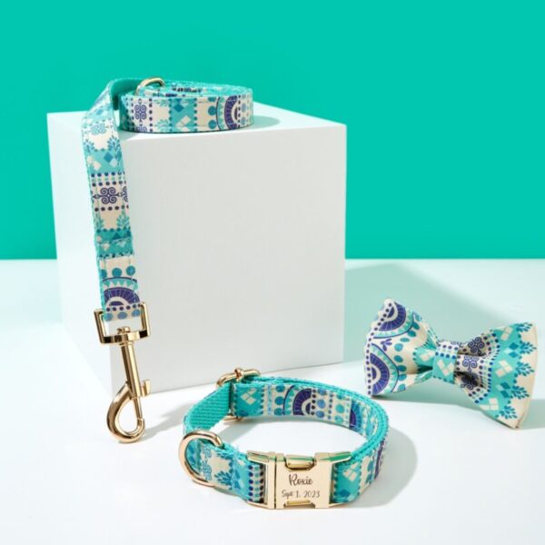 Bohemian Print Personalized Dog Collar Bow Tie, For Boy Dog, Wedding Collar, Puppy & Lead Bow, UK Free Shipping