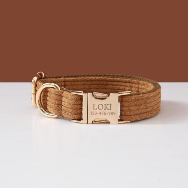 Brown Corduroy Dog Collar Set, Personalised With Name, Custom Boy Puppy & Lead For Girl