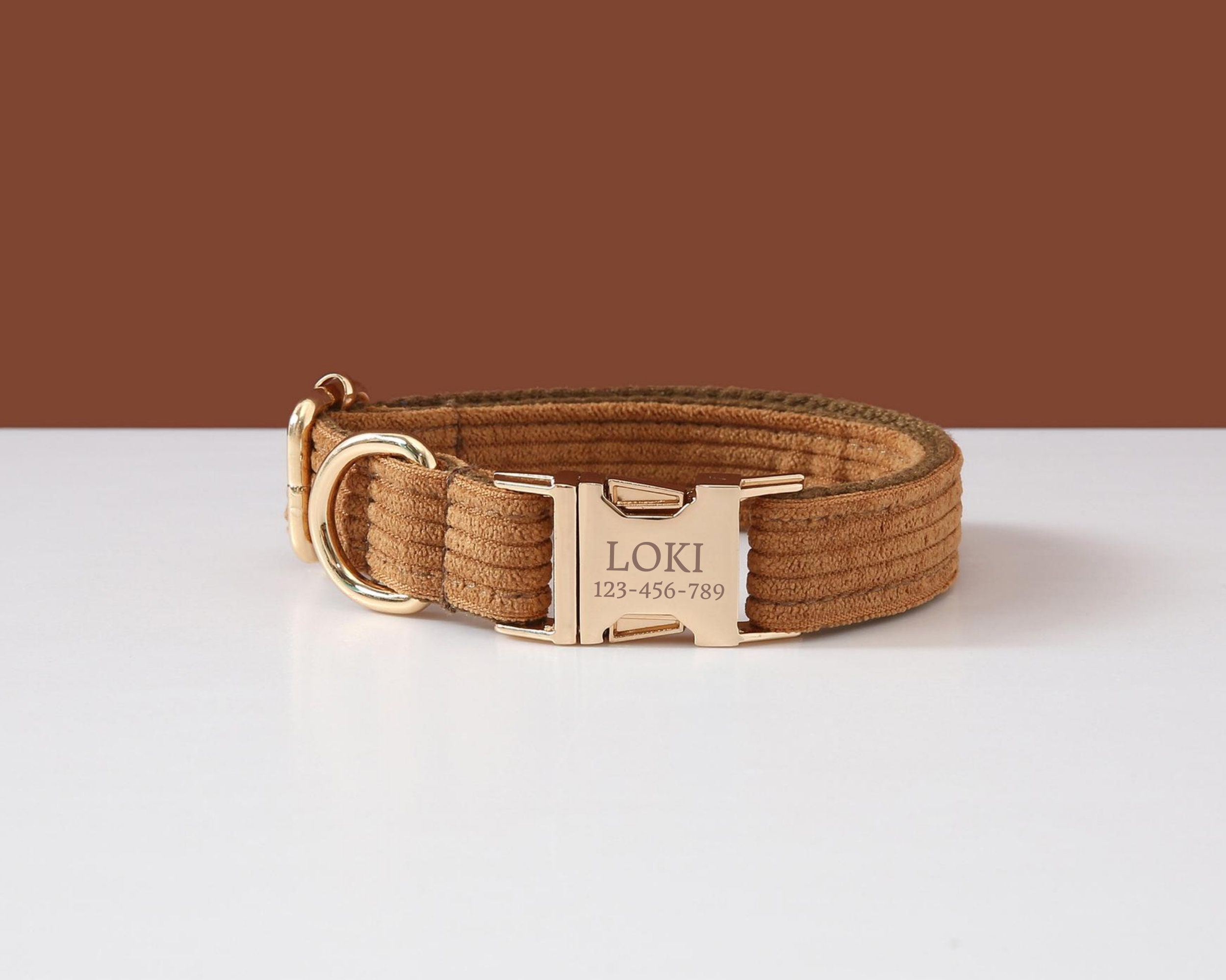 Brown Corduroy Dog Collar Set, Personalised With Name, Custom Boy Puppy & Lead For Girl