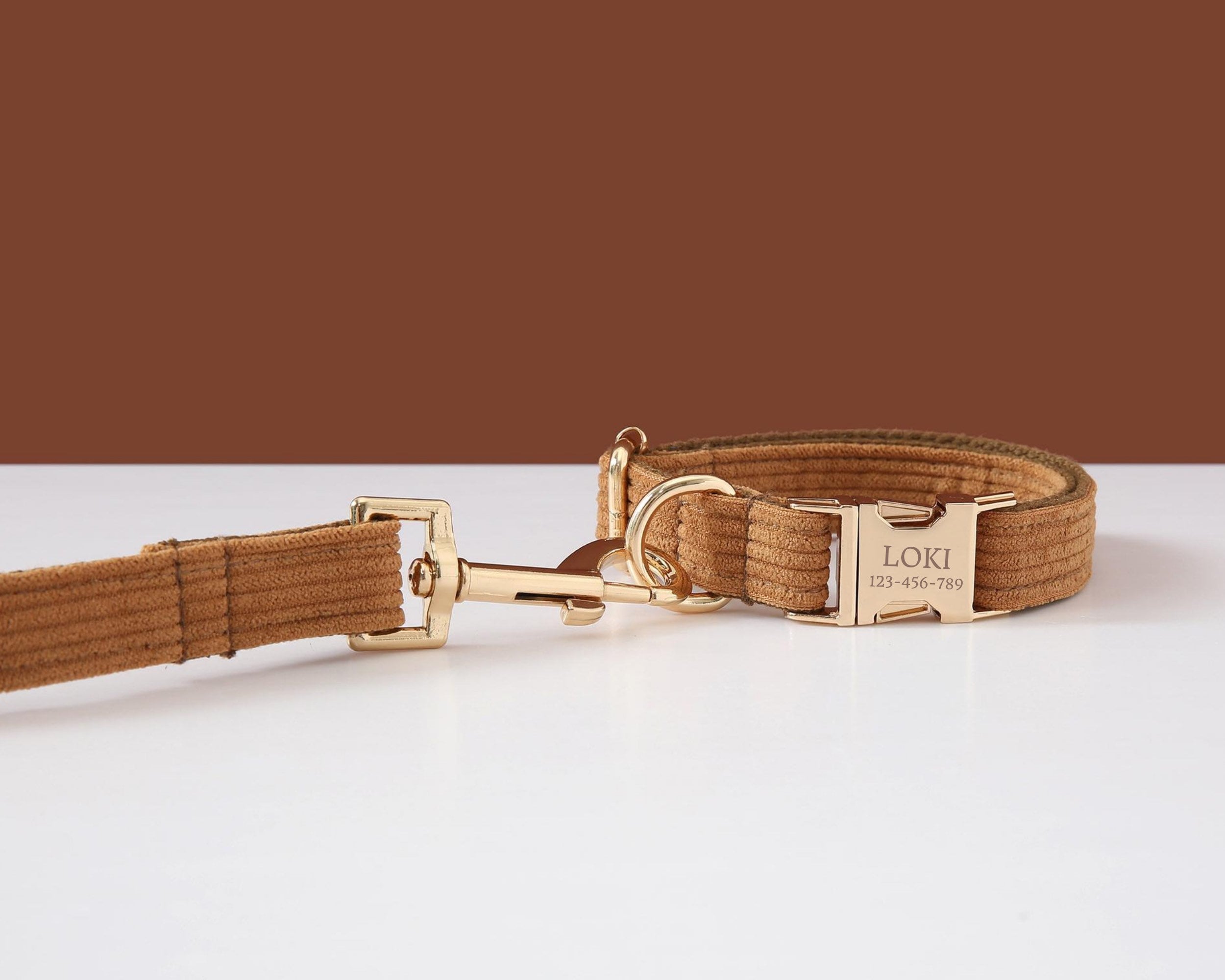 Brown Corduroy Dog Collar & Leash Set, Personalised With Name, Custom Boy Puppy Lead For Girl