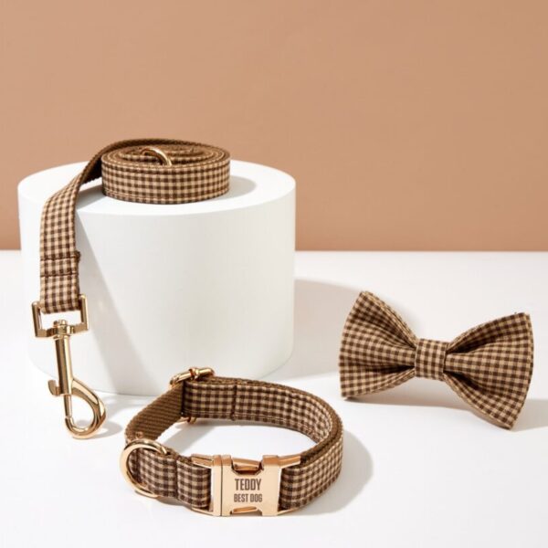 Brown Gingham Personalized Dog Collar Bow Tie, For Boy Dog, Wedding Collar, Puppy & Lead Bow, UK Free Shipping