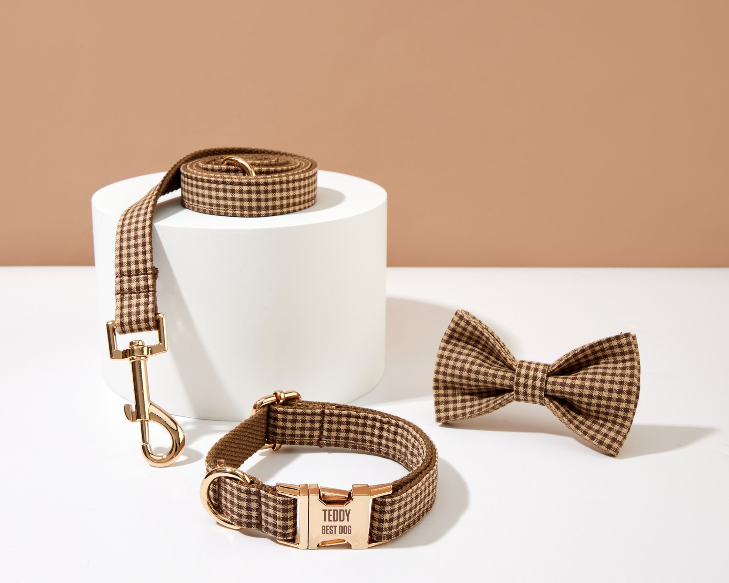 Brown Gingham Personalized Dog Collar Bow Tie, For Boy Dog, Wedding Collar, Puppy & Lead Bow, UK Free Shipping