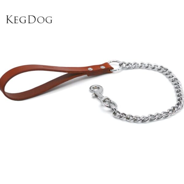 Brown Leather Handle - Short Chain Dog Lead Large Breed