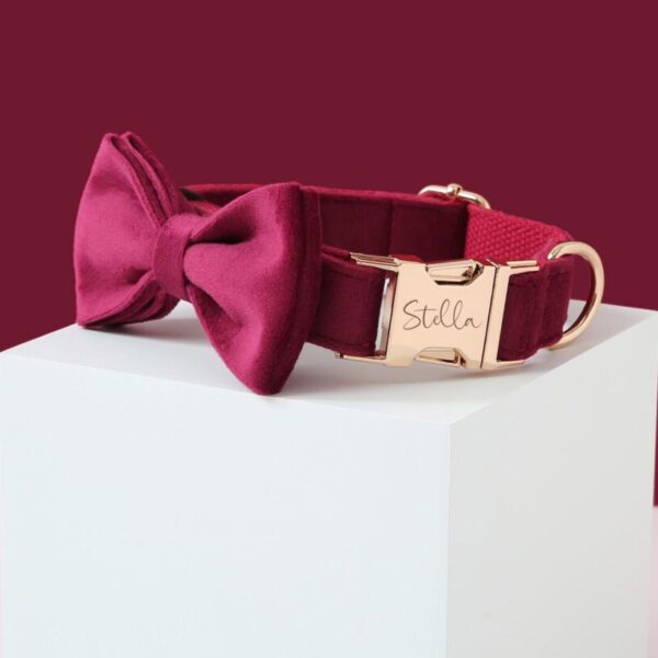 Burgundy Dog Collar & Lead Bow Set, Velvet Collar, Custom Bow, Personalized Collar, Small Puppy Boy
