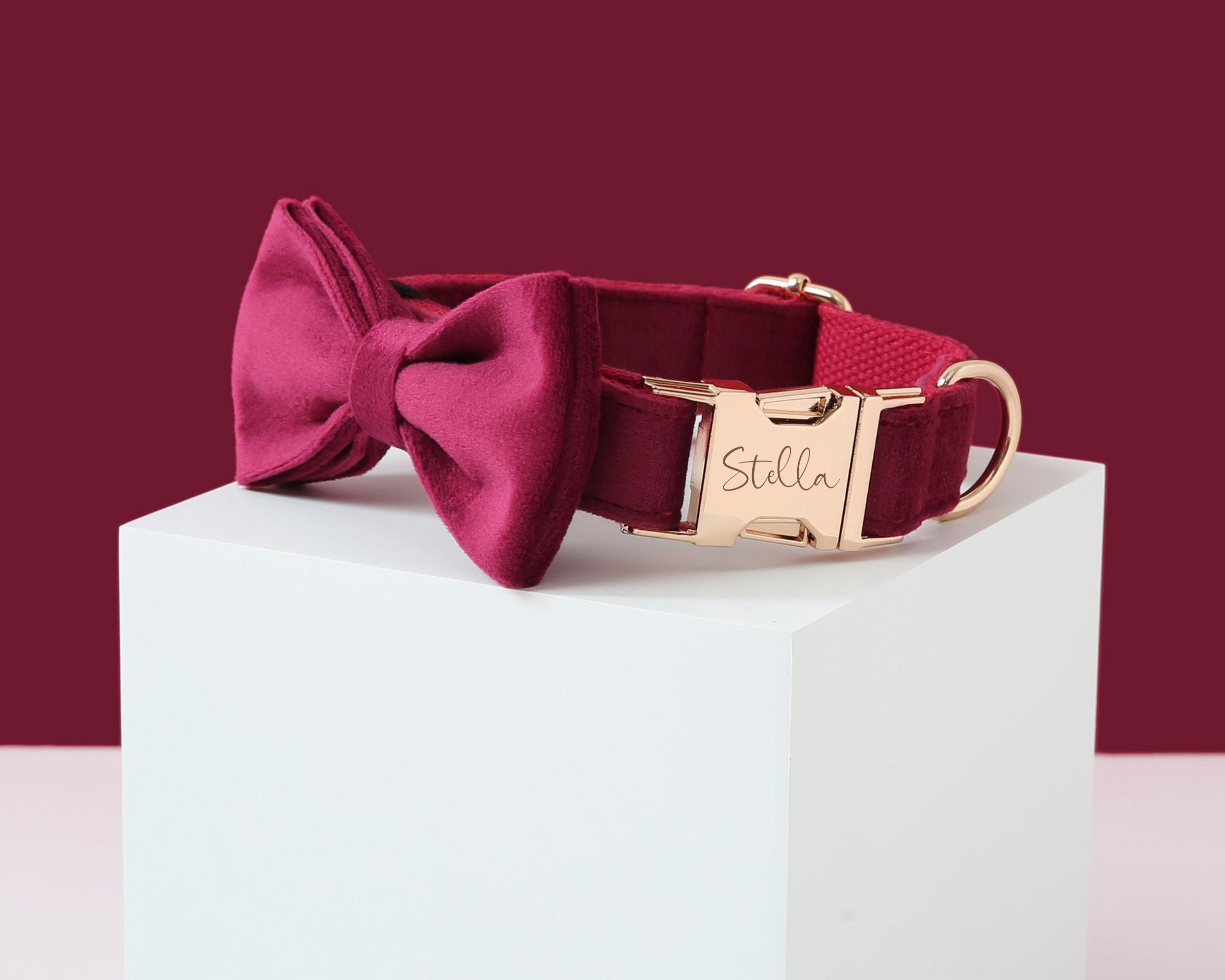 Burgundy Dog Collar & Lead Bow Set, Velvet Collar, Custom Bow, Personalized Collar, Small Puppy Boy