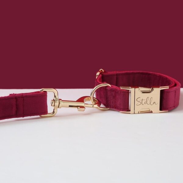 Burgundy Dog Collar & Lead Set, Red Velvet Collar, Custom Bow, Personalized Collar, Small Puppy Boy
