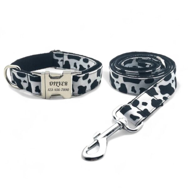 Cow Print Personalized Dog Collar & Leash - Moo Cows Engraved & Lead Dalmatian Black White Skin Pattern Collars